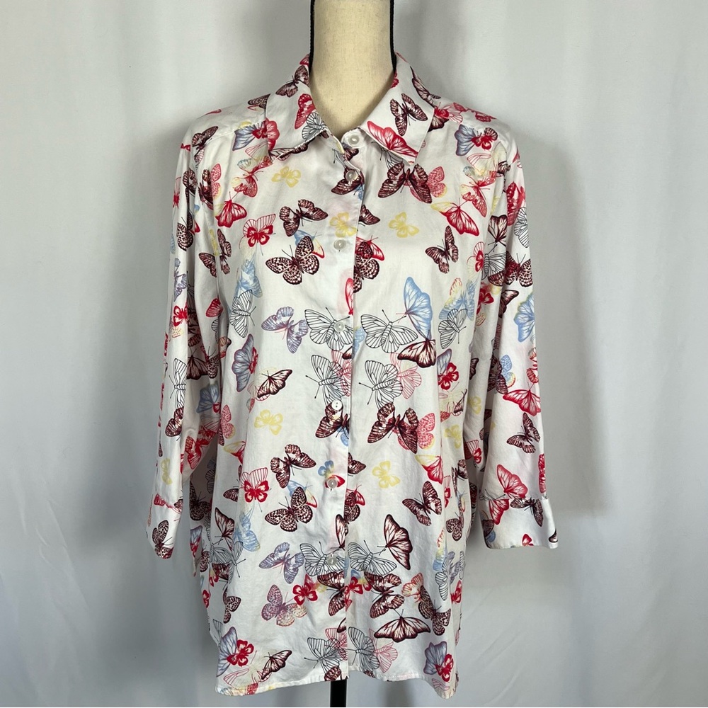 Foxcroft White Multicolor Butterfly Print Blouse